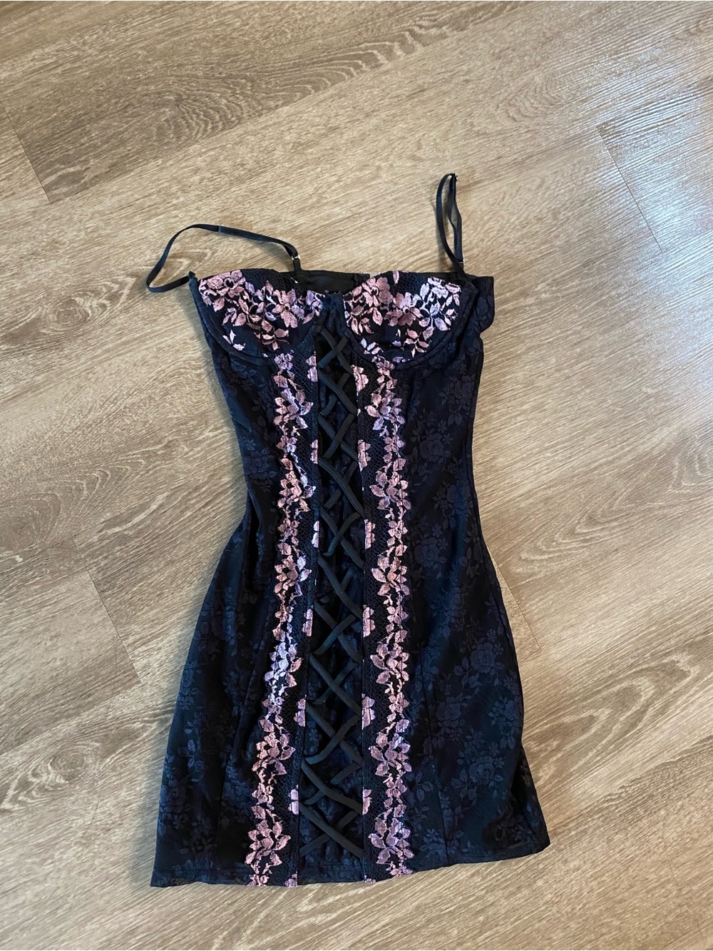 Black Mini Dress with Pink Lace Trim - Women's Corset Style